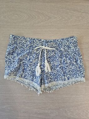 Jolt Blue and White Floral Print Shorts with Tassel Tie